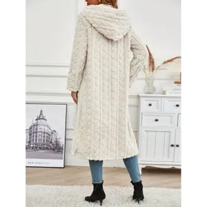 Women long solid color hooded fleece coat winter casual warm outerwear back view.
