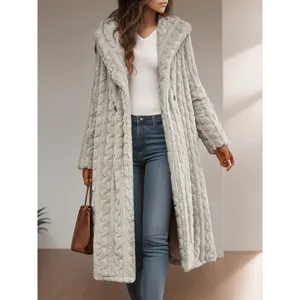 Stylish women's long hooded faux fur coat in solid grey, perfect for autumn and winter wear.