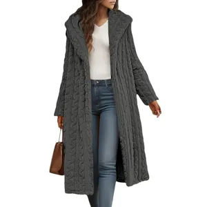Women long hooded fleece coat solid color winter outerwear casual elegant dark grey warm jacket