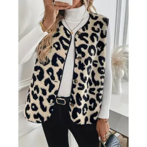 Women Fall Winter Leopard Print Sleeveless Vest Fashion Single Breasted Button Plush Faux Fur Waistcoat Outerwear