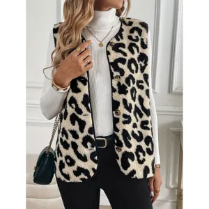 Women's leopard print fuzzy sherpa button front vest outerwear fashion winter fleece vest