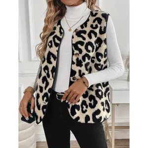 Trendy leopard print fleece vest for women, front button closure, cozy winter outerwear style.