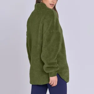 Femme vert pull molletonné col montant sweat teddy casual confortable haut hiver