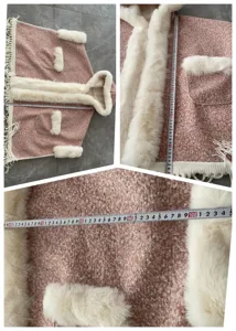 Detailansicht mit Maßen für einen rosa Winter-Poncho mit weißem Kunstpelzbesatz