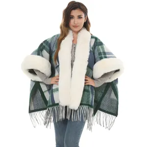 Mode Karo Strickschal Kunstfellkragen Lose Warme Poncho Mantel Quaste Strickwaren Oberbekleidung Jacke Damen Winterbekleidung