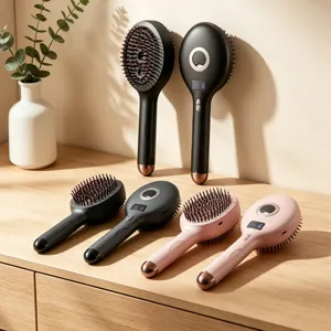 Detailed view of electric spray hair massage brush, compact design with digital display screen.