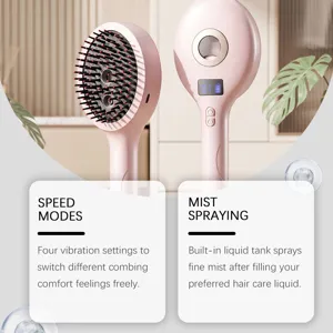 Detailed view of the pink electric hair scalp massager showing its mist spraying and speed modes.