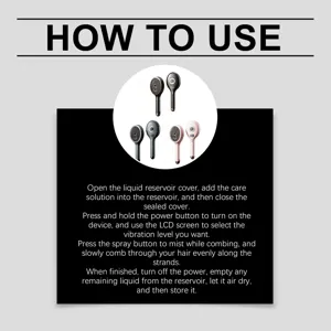 Instructional detail graphic showing how to use the spray hair scalp massager comb clearly.