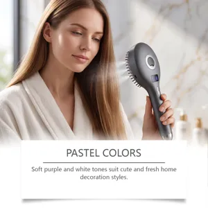 Detail view of the electric spray scalp massager comb with digital display in use.