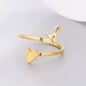 Detail view of gold-plated stainless steel open heart ring featuring script letter A.