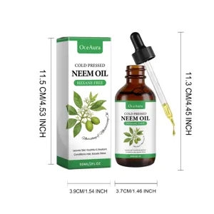 OceAura Neemöl Detailansicht mit Flaschenabmessungen, Pipette und klarer 60ml Füllmenge.