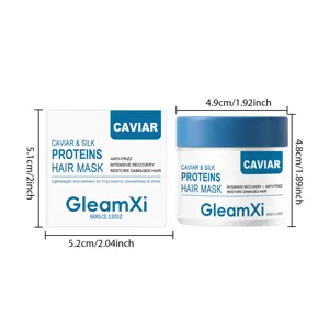 Detail view of GleamXi hair mask jar and box with dimension measurements, showcasing 60g capacity.