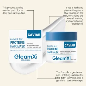 Detailed view of nourishing hair mask cream texture with caviar and silk proteins extract.