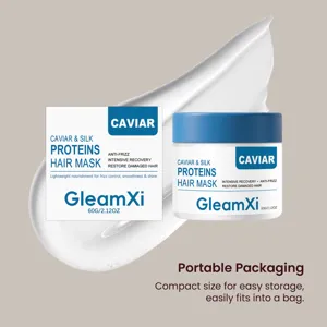 Detail view of GleamXi caviar hair mask 60g jar and box with smooth nourishing cream texture.