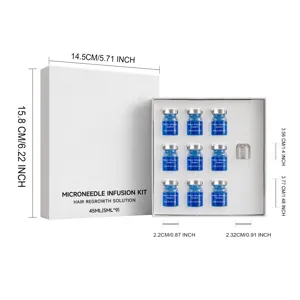 Microneedle infusion kit detail view showcasing glass bottles and precise box dimensions.