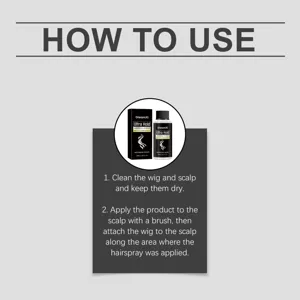 Detailed instruction graphic showing hair system adhesive bottle and usage steps clearly.