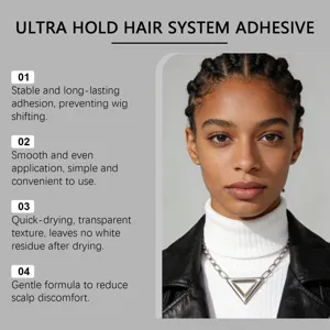 Ultra hold hair system adhesive for secure wig application, quick-drying and transparent.