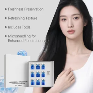 Microneedle hair regrowth infusion kit with soothing scalp essence ampoules and tools.