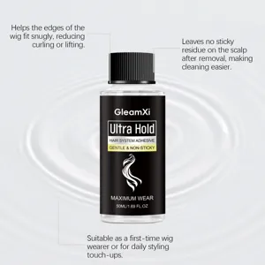 Detailed view of GleamXi wig adhesive showing strong hold and gentle scalp formula features.
