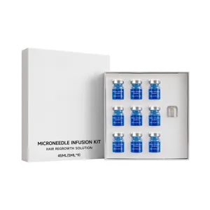 Microneedle hair regrowth infusion kit with nine 5ml blue bottles and applicator for scalp care