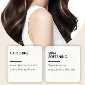 Detail view of multi-effect nourishing hair and skin care oil showing smooth glossy hair effect.