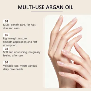 Detail view of multi-use argan oil showing smooth texture, ideal for hair, skin, and nail care.