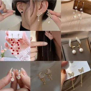 Korean Fashion Long Tassel Earrings For Women Elegant Flower Butterfly Moon Rhinestone 925 Sterling Silver Earring Post Alloy Earrings Jewelry
