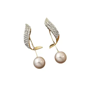 Elegant gold plated drop earrings featuring rhinestone leaf design and large round pearl
