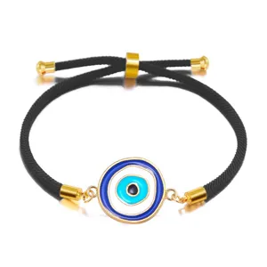 Adjustable black rope bracelet featuring a classic blue and white Evil Eye Nazar charm