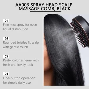Detail view of black scalp massage comb showing fine mist spray and rounded bristles feature.