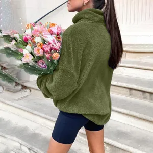 Pull molletonné vert pour femme, sweat-shirt confortable à col montant hivernal.