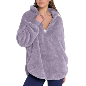 Pullover femme en peluche douce molletonné col montant quart de zip hiver chaud top
