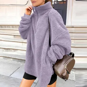Femme violet molletonné sweat-shirt décontracté manches longues 1/4 zip col montant haut