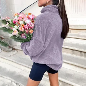 Femme hiver sweat polaire décontracté col montant pull chaud confortable vêtement haut
