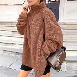 Sweat-shirt Femme Polaire Sherpa Fermeture Eclair Hiver Chaud Manches Longues Marron Haut