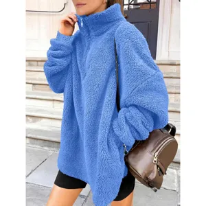 Sweat-shirt polaire bleu pour femme décontracté quart de zip col montant haut hiver