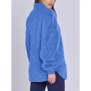 Sweat-shirt polaire duveteux bleu pour femme col montant décontracté hiver chaud top