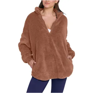 Femme marron sherpa polaire demi-zip sweat-shirt col montant haut chaud hiver 2025