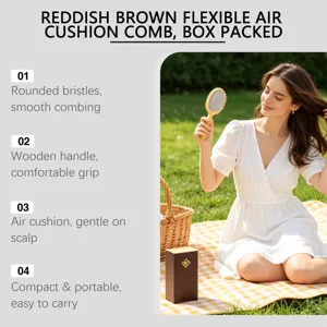 Brosse à coussin d'air flexible marron rouge avec boîte, manche en bois et picots arrondis.