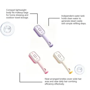 Vue détaillée de la brosse de massage capillaire électrique portable avec réservoir d'eau.