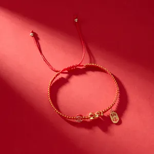 Gros plan du bracelet tressé rouge de l'année du serpent 2025 avec breloques