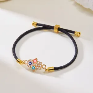 Elegant adjustable Hamsa Hand and Evil Eye drawstring cord bracelet with crystals