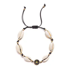 Bohemian cowrie shell bracelet with daisy charm on adjustable black braided cord