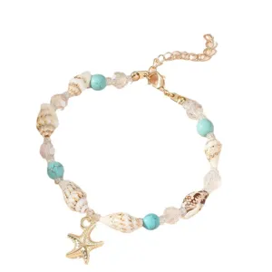 Bohemian shell and starfish charm bracelet with turquoise beads for beach vacation