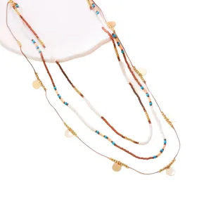 Multilayer Bohemian beaded necklace set with turquoise accents and golden sequins