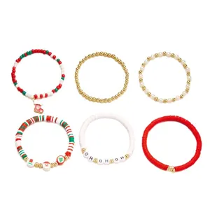 Set di 6 braccialetti natalizi con perline, ciondoli Babbo Natale e perline in argilla polimerica