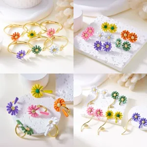 Colorful daisy flower lacquer jewelry set including earrings, bracelets, and rings for women
