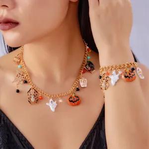 Juego Pulsera Collar Halloween Dijes Aleación Dorada Strass Calabaza Fantasma Araña Calavera Colgante Tema Fiesta Disfraz Joyería Regalo