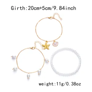 Böhmisches mehrlagiges goldenes Fußkettchen-Set mit Seestern Muschel und Perlen