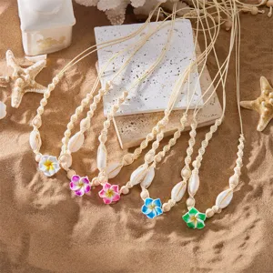 Bohemian Handgefertigte Muschel Blume Gewebte Halskette Für Damen Verstellbare Sommer Strand Urlaub Schmuck Polymer Ton Choker